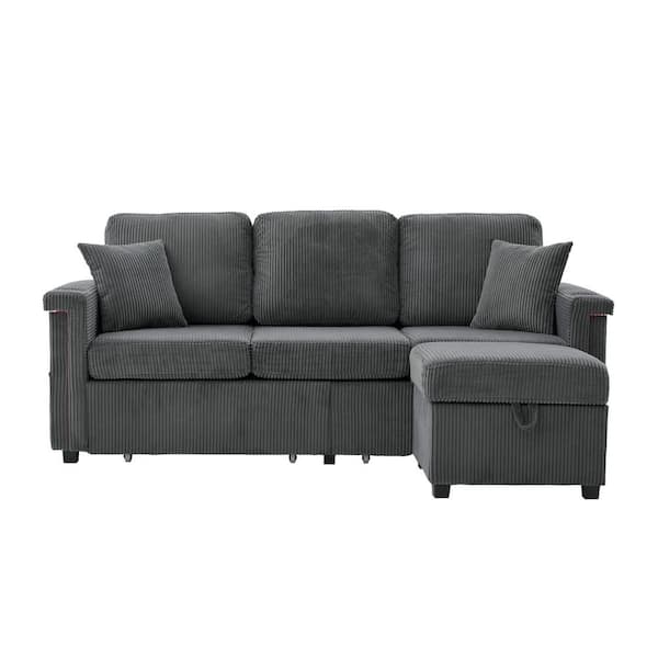 76 in. Corduroy 4-piece L-Shaped Charge and Light Sectional Sofa With Storage Ottoman and Pull Out Drawers in. Dark Gray