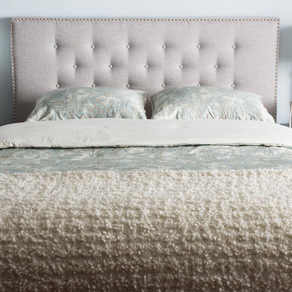 King Size Greyish Beige Tufted Leather Upholstered Headboard