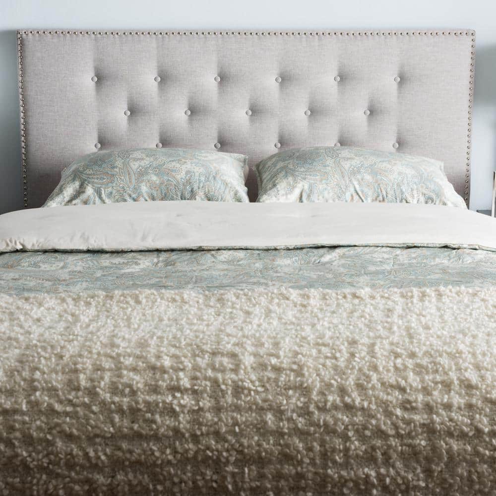 King Size Greyish Beige Tufted Leather Upholstered Headboard