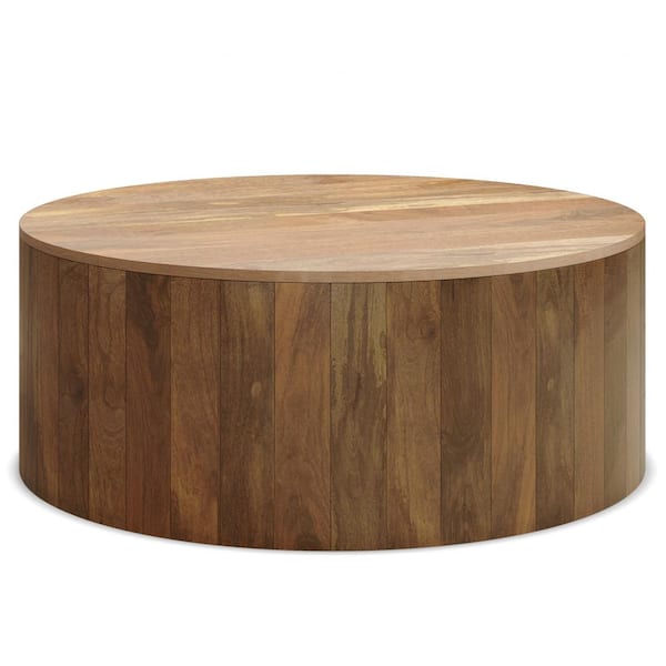 Simpli Home Millbury SOLID MANGO WOOD 36 in. Wide Round Modern Industrial Drum Coffee Table in Natural, Fully Assembled