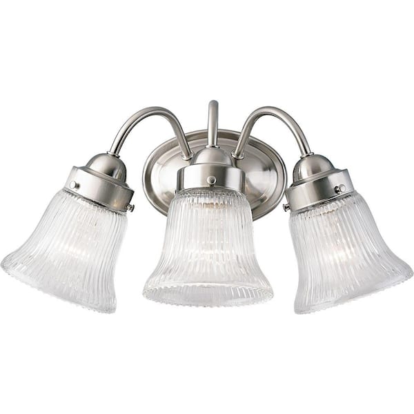 Progress Lighting Fluted Glass Collection 3-Light Brushed Nickel Clear Prismatic Glass Traditional Bath Vanity Light