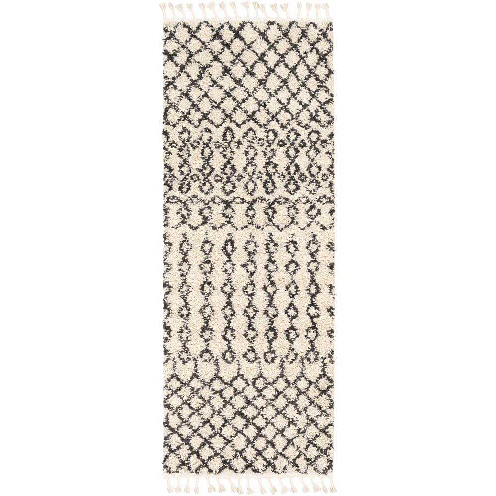 Charcoal and Beige Synthetic Shag Runner Rug 2'7" x 7'3"
