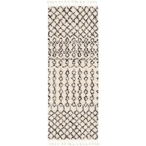 Berber Shag Munich 3 ft. X 7 ft. Beige, Black Shaggy Moroccan Trellis Bohemian Tribal Style Tasseled Soft Runner Rug