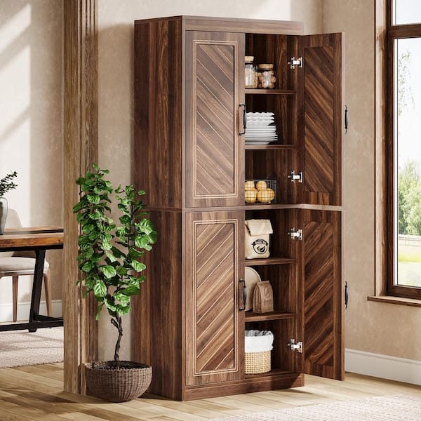 Keenyah Brown Wood 27. 56 in. Kitchen Pantry Cabinet with 4-Doors and 4-Adjustable Shelves