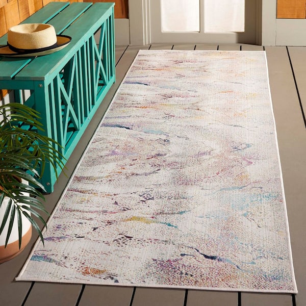Rainbow Ivory/Blue Gold 3 ft. x 8 ft. Faded Abstract Indoor/Outdoor Runner Rug