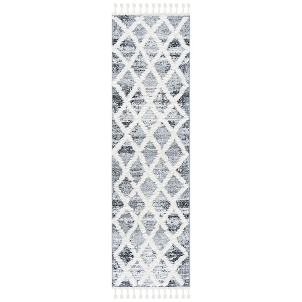 Moroccan Tassel Shag 2 ft. x 10 ft. Gray/Ivory Distressed High-Low Diamond Runner Rug