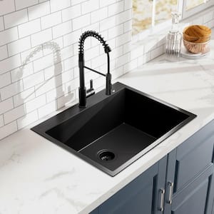 25 in. Drop-In Single Bowl 18 Gauge Black Stainless Steel Kitchen Sink with Black Spring Neck Faucet