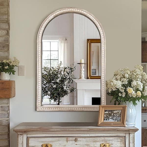 Vintage White 24 in W x 36 in. H Arched Wood Framed Mirror, Vanity Mirror