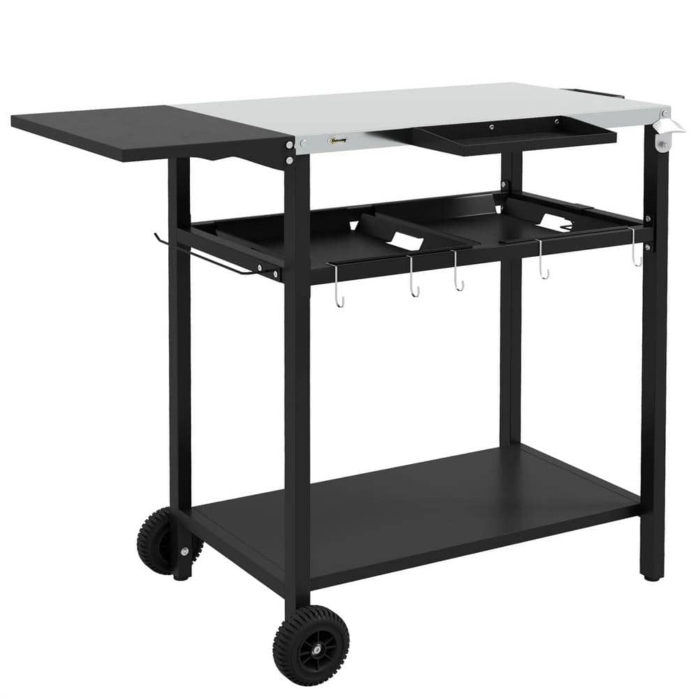 Black Double Table Top, Stainless Steel, on Wheels, with Hooks, Plates and 