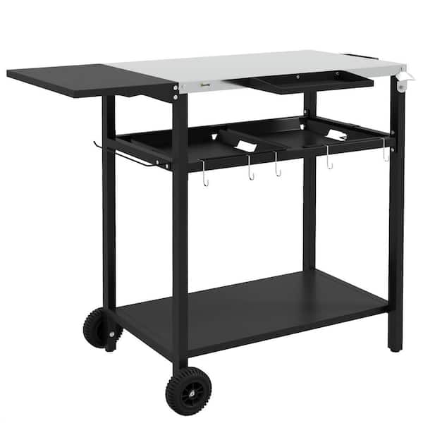 Unbranded Black Double Table Top, Stainless Steel, on Wheels, with Hooks, Plates and Condiment Bottles, Serving Trolley, Tray