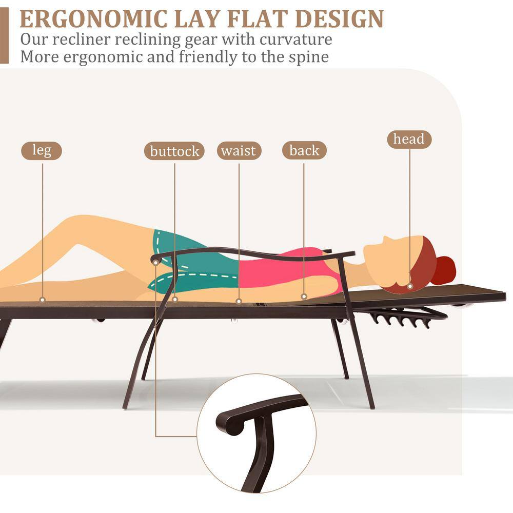 Elegant Brown Aluminum Adjustable Outdoor Chaise Lounge with Curved Armrests