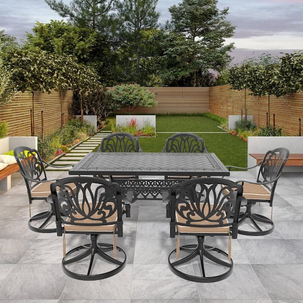 Elizabeth 7-Piece Cast Aluminum Patio Outdoor Dining Set with Rectangle Dining Table,6 Swivel Chairs and 6 Brown Cushion