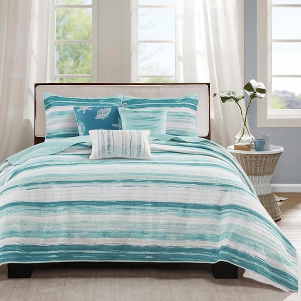 Madison Park Anchorage 6-Piece Aqua Microfiber Full/Queen Quilt Set