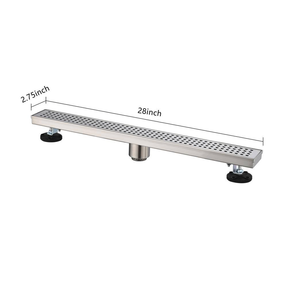 28-Inch Brushed Nickel Linear Mesh Shower Drain with Hair Strainer