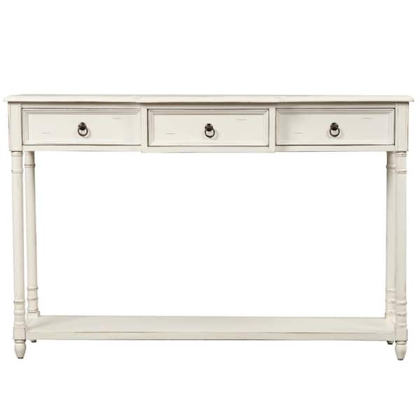 ANBAZAR Antique White Long Console Table Entryway Table with Drawers and Shelf, Narrow Sofa Table for Living Room, Entryway