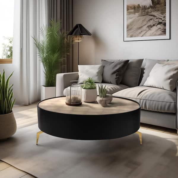 48 in. Black Round Glass Top Coffee Table with Gold Leaf Pattern