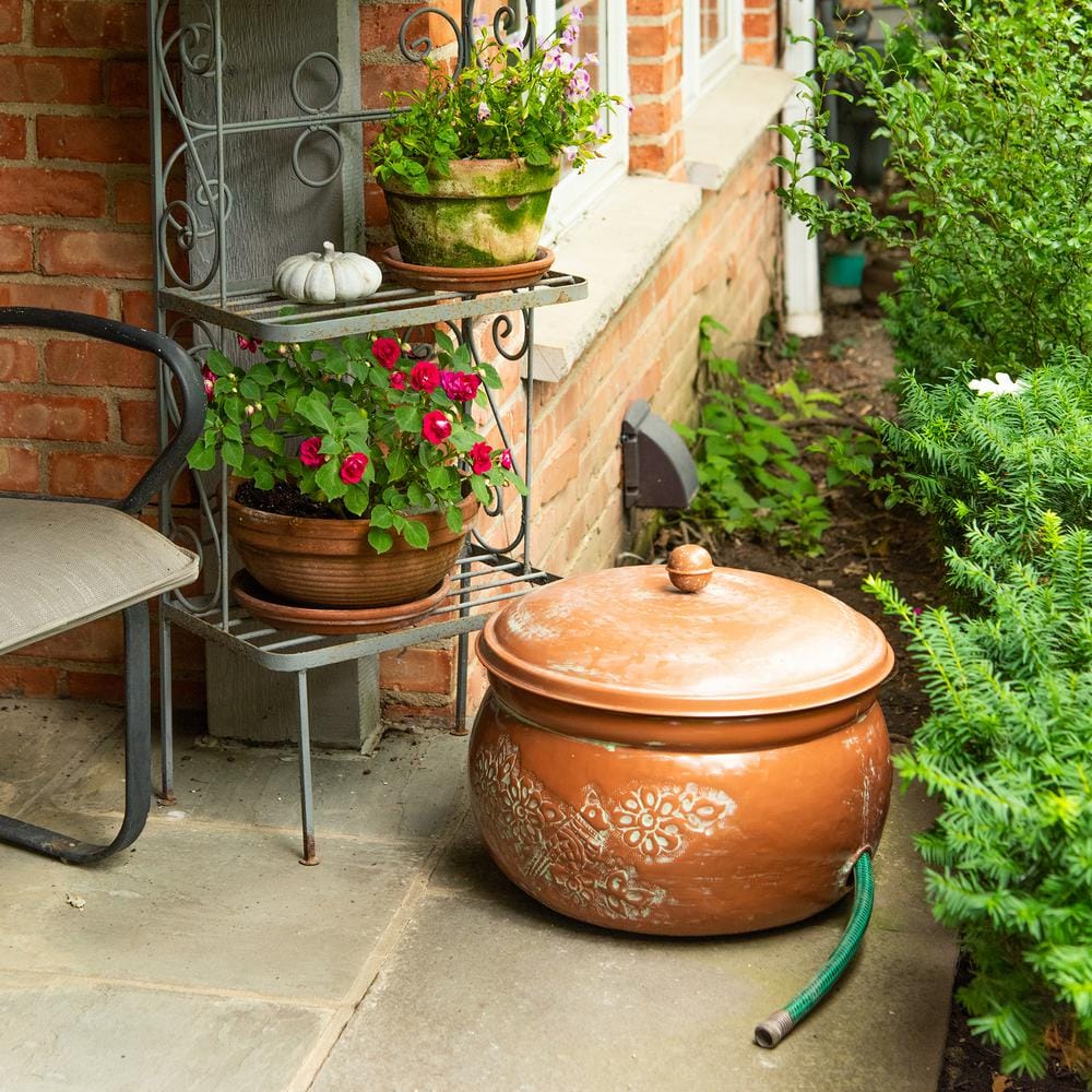 Copper and Green Patina Embossed Bird Hose Holder with Lid