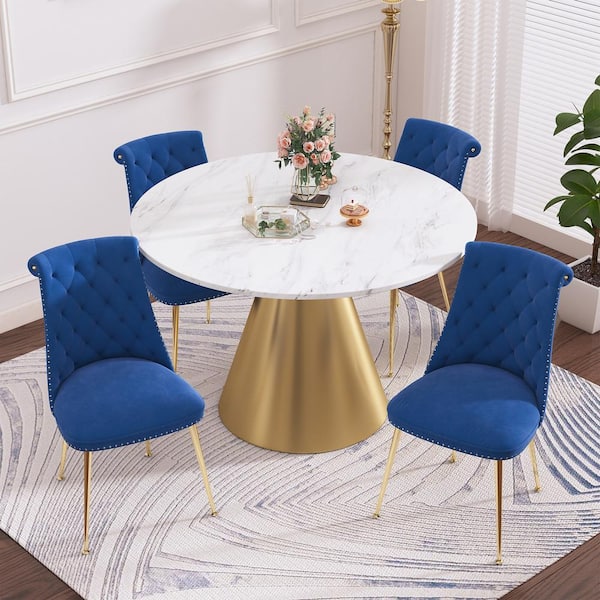 Boyel Living 5-Piece Round Stainless Steel White and Gold Marble Top Table Set Seats 4 (4 Blue Dining Chairs)