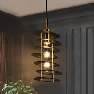 Industrial 1-Light Black and Brass Geometric Island Pendant Light with Metal Open Cage Shade for Foyer, LED Compatible