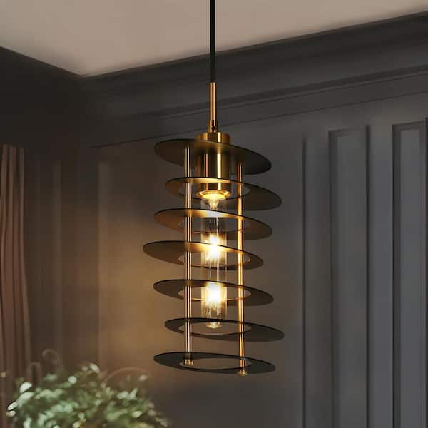 LNC Industrial 1-Light Black and Brass Geometric Island Pendant Light with Metal Open Cage Shade for Foyer, LED Compatible