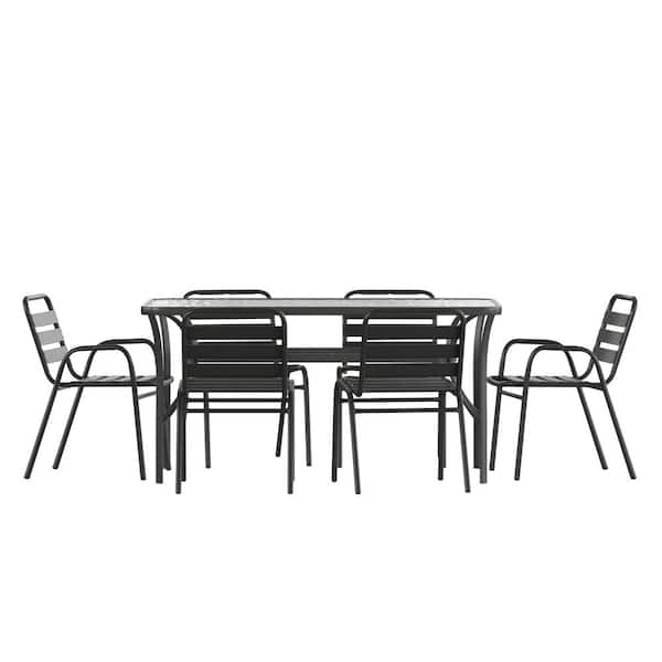 TAYLOR + LOGAN Black 7-Piece Aluminum Rectangle Outdoor Dining Set