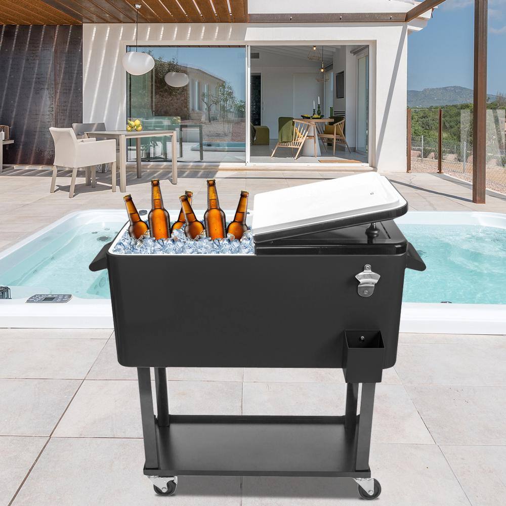 Karl home Black 80 Qt. Iron Beverage Wheeled Cooler with Shelf
