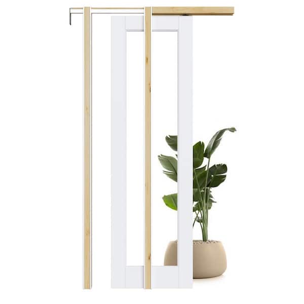 ARK DESIGN 24 in. x 80 in. 1-Lite Clear Glass White Primed Solid Core MDF Pocket Sliding Door with Hardware Kit and Soft Close