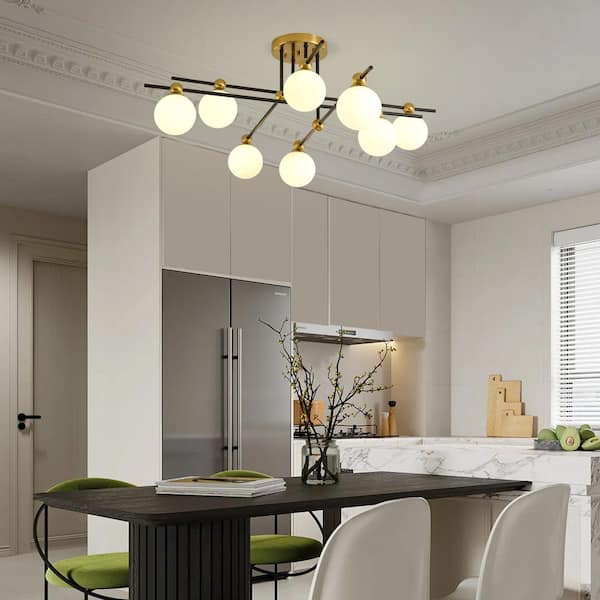 Modern 8-Light Gold and Black Sputnik linear Semi-Flush Mount Ceiling Light with Opal Glass Shades