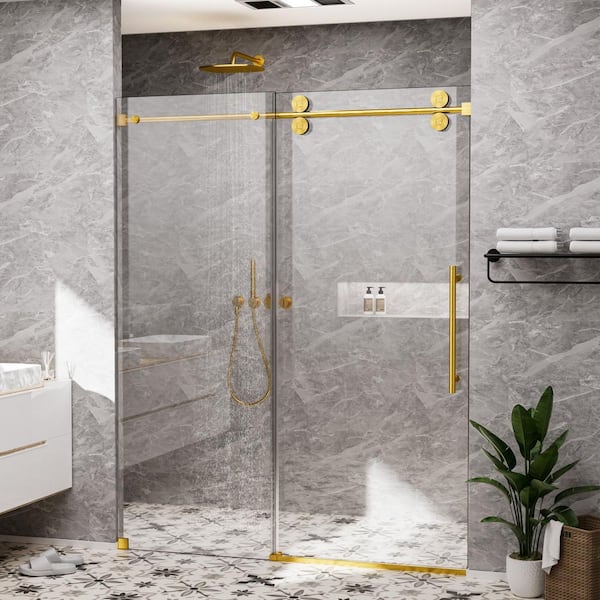 66 in. W x 76 in. H Single Sliding Frameless Shower Door in Brushed Gold with Smooth Sliding and 3/8 in. Clear Glass