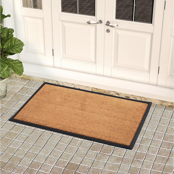 Sheltered Front Door Mat Sally Natural Braided Coir Coco Rubber Rug 24x16 Evideco