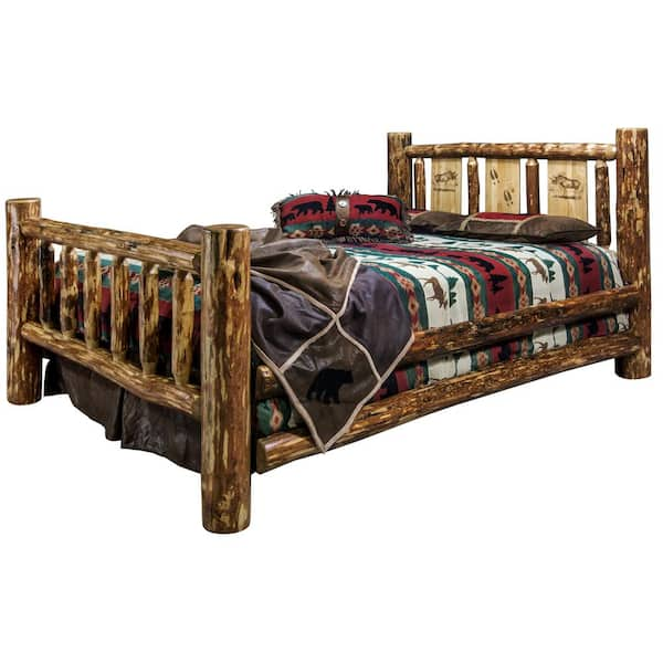 Montana Woodworks Glacier Brown Queen Laser Engraved Moose Motif Spindle Style Bed