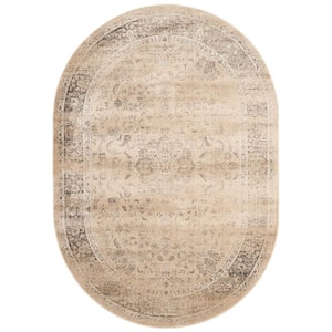 Vintage Warm Beige 5 ft. x 8 ft. Oval Border Area Rug