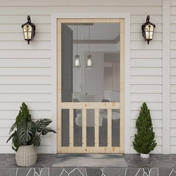 36 in. x 80 in. Single Universal Paneled Railing Style Finished Pine Wood and Gauze Mesh Hinged Screen Door