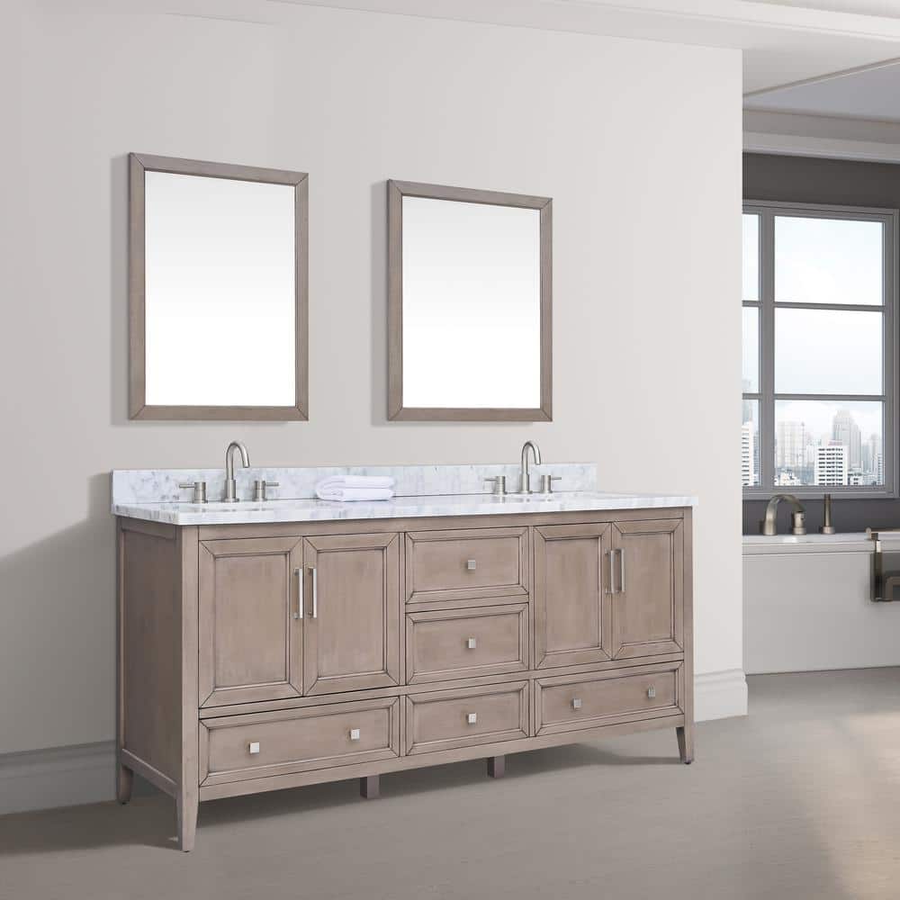 Gray Oak Double Vanity with Carrara White Marble Top