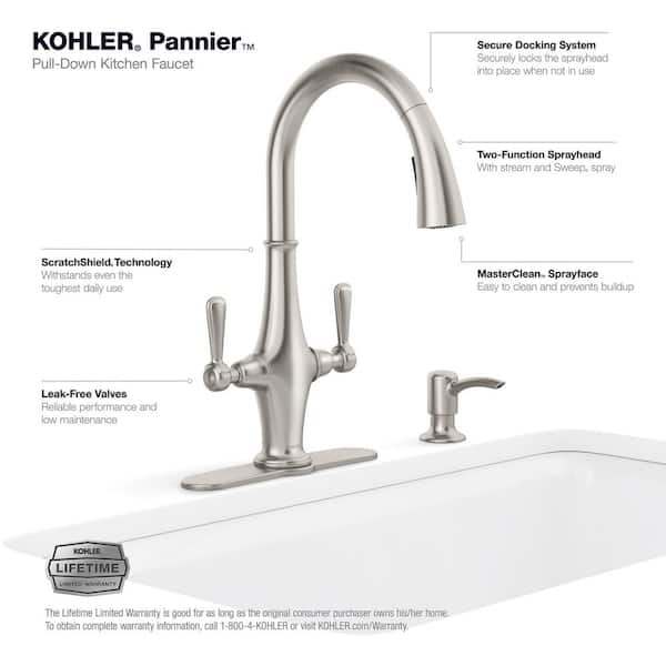 KOHLER Pannier Two-Handle Pull Down Sprayer Kitchen Faucet in Vibrant Stainless