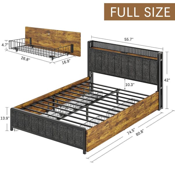 Rustic Platform Bed Frame with Upholstered Headboard, Built-in Charging Station and 4 Rolling Storage Drawers, Full Bed