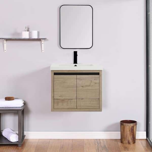 FUNKOL 18.1 in. D x 20.5 in. H x 24 in. W Floating Wall-Mounted Bathroom Vanity with White Single Resin Sink in Yellow(Wooden)
