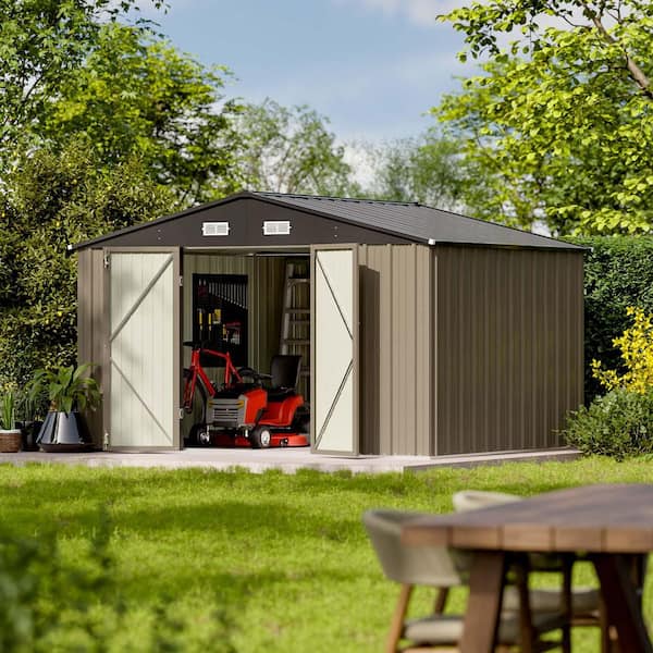 10 ft. W x 8 ft. D Metal Storage Shed for Outdoor, Galvanized Steel Yard Shed , Brown (80 sq. ft.)