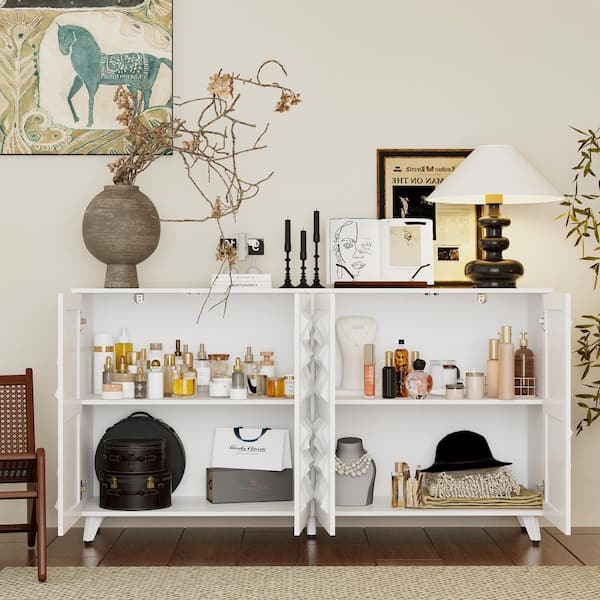 FUFU&GAGA White Wood 62.2 in. Buffet with 3D Carved Doors, Entryway Console Cabinet, Storage Cabinet, Kitchen Sideboard