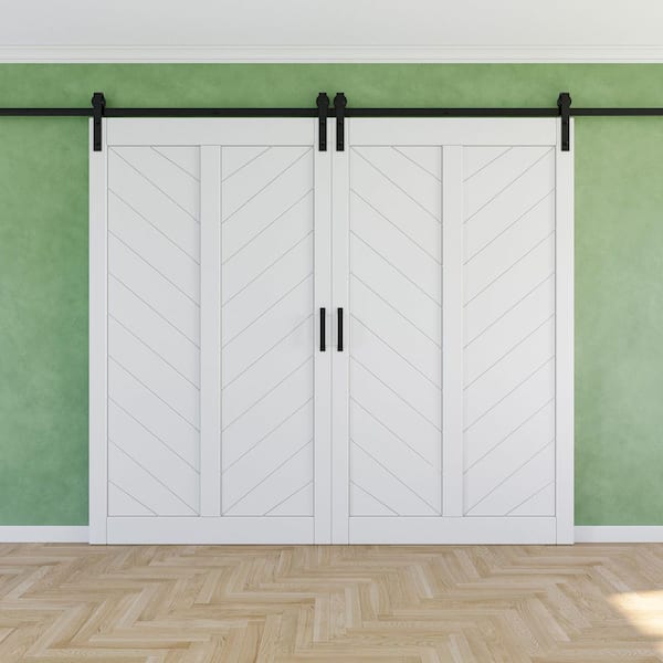 96 in. x 84 in. Solid Core Finished White MDF Herringbone Design Barn Door Slab with Hardware