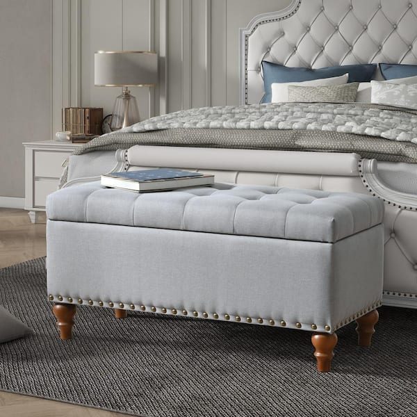 Noble House Grove Grey Upholstered Linen Modern Storage Ottoman with Nailhead Trim