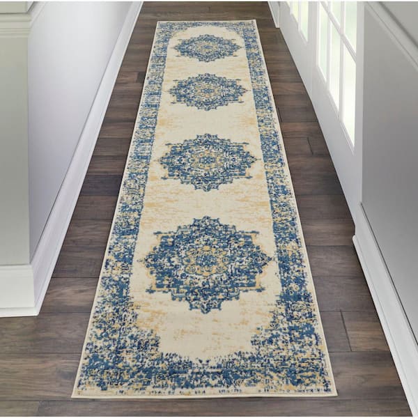 Grafix White 2 ft. x 12 ft. Persian Medallion Transitional Kitchen Runner Area Rug