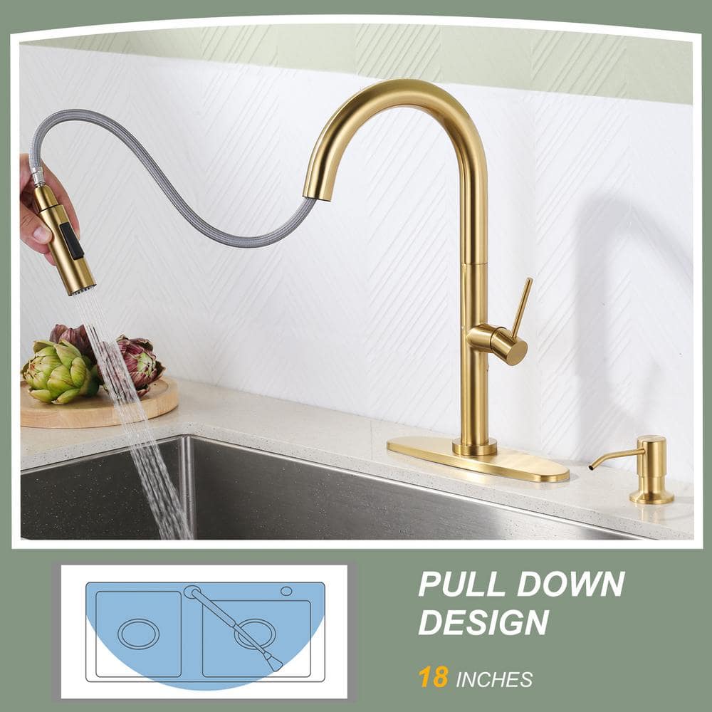 Brushed Gold Stainless Steel Pull Down Kitchen Faucet with Soap Dispenser