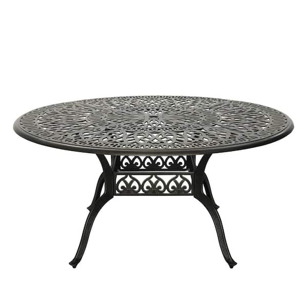 59. in Cast Aluminum Patio Round Dining Table with Umbrella Hole