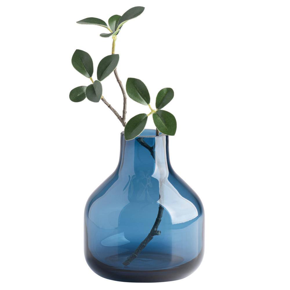 Tall Unique Flower Vase 5 in. Clear Blue Round Art Handmade Bottle