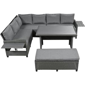 5-Piece Gray Wicker Patio Conversation Set with Gray Cushions, 2 Extendable Side Tables, Washable Covers