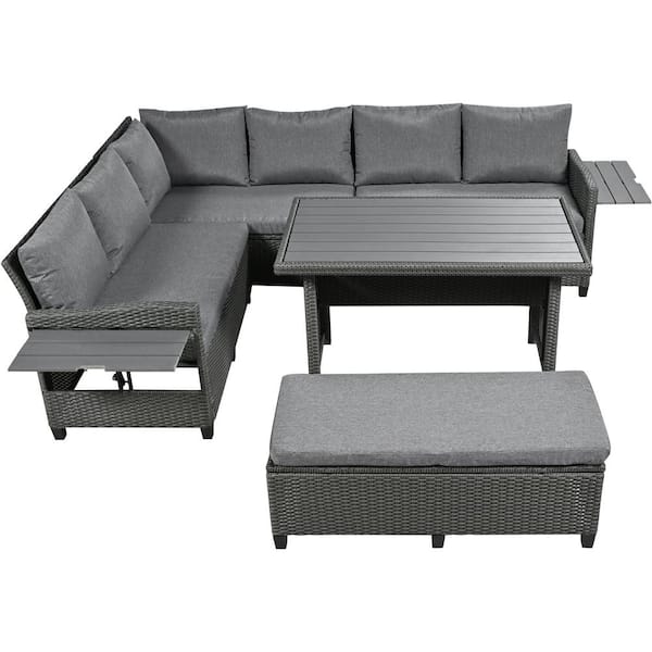 Tenleaf 5-Piece Gray Wicker Patio Conversation Set with Gray Cushions, 2 Extendable Side Tables, Washable Covers