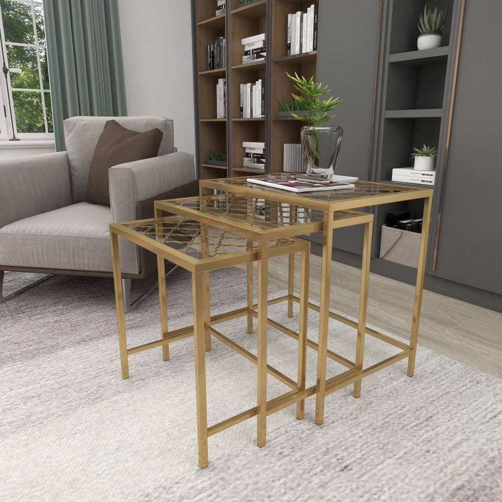 Elegant Gold Metal and Clear Glass Nesting Tables - Set of 3