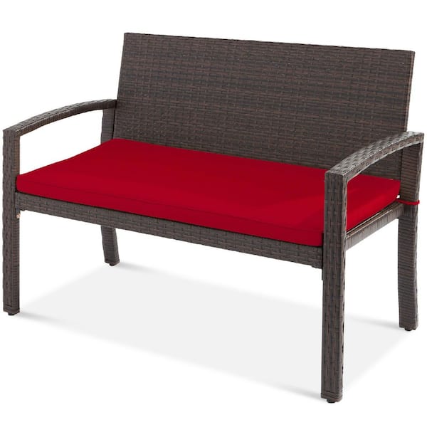 Unbranded 47 in. 2-Person Brown Wicker Outdoor Bench with Red Cushion