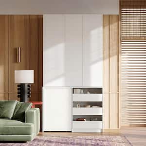 2-Piece White Wood 47.2 in. Queen Bedroom Set With Expandable Side Table, Swivel Wheels, Soft-Close Doors